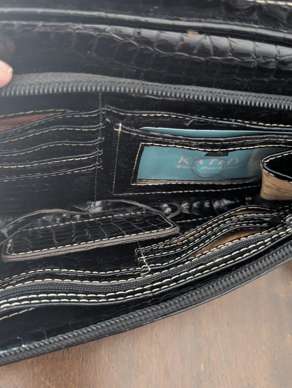 2000s Kathy Van Zeeland Black Faux Crocodile Crossbody Purse Orange/Gold Lining - Picture 13 of 14